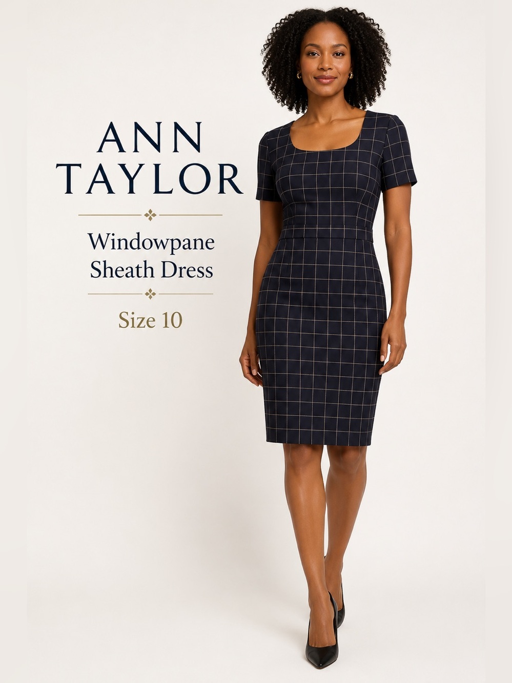 Ann Taylor Windowpane Sheath Dress Size 10 Navy Career Work Office